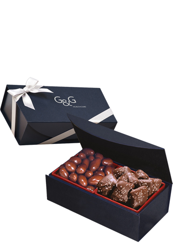 Chocolate Covered Almonds & Chocolate Sea Salt Caramels in Navy Blue Magnetic Closure Gift Box | MRNMB142
