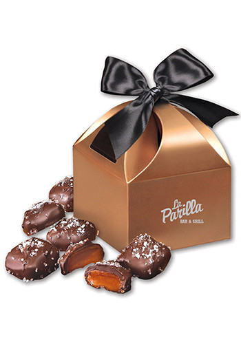 Custom Chocolate Sea Salt Caramels in  Copper Gift Boxes