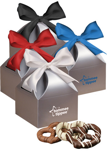 Bulk 2.4 oz. Chocolate Dipped Pretzels in Silver Gift Box