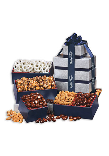 Personalized Silver & Navy Assorted Tower of Treats