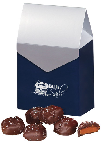 Custom 4.75 oz. Chocolate Sea Salt Caramels in Navy Blue and Silver Gable Top Box