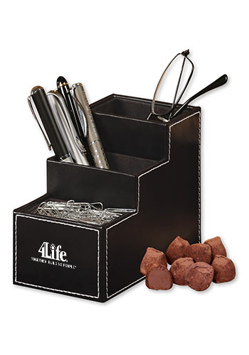 Custom 3.5 oz. Cocoa Dusted Truffles in Faux Leather Desk Organizers