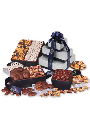 Customized Five Assorted Favorites in Silver & Navy Tower Boxes