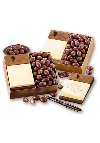 Personalized Walnut Post-it Note Holders with Milk Chocolate Covered Almonds