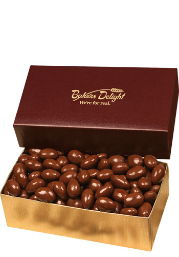 Bulk 12 oz. Chocolate Covered Almonds in Burgundy & Gold Gift Box