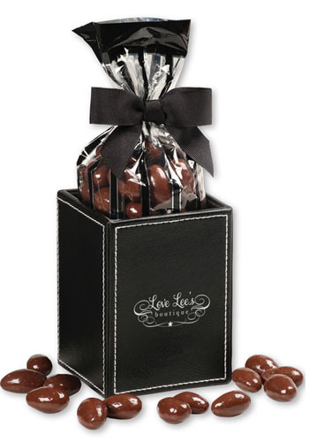 Wholesale 5 oz. Chocolate Covered Almonds in Faux Leather Pen & Pencil Cup