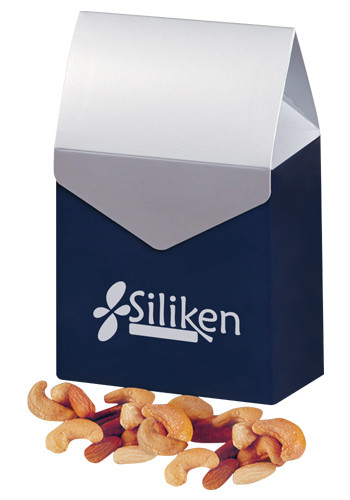 Promotional 5 oz. Deluxe Mixed Nuts in Navy Blue and Silver Gable Top Box